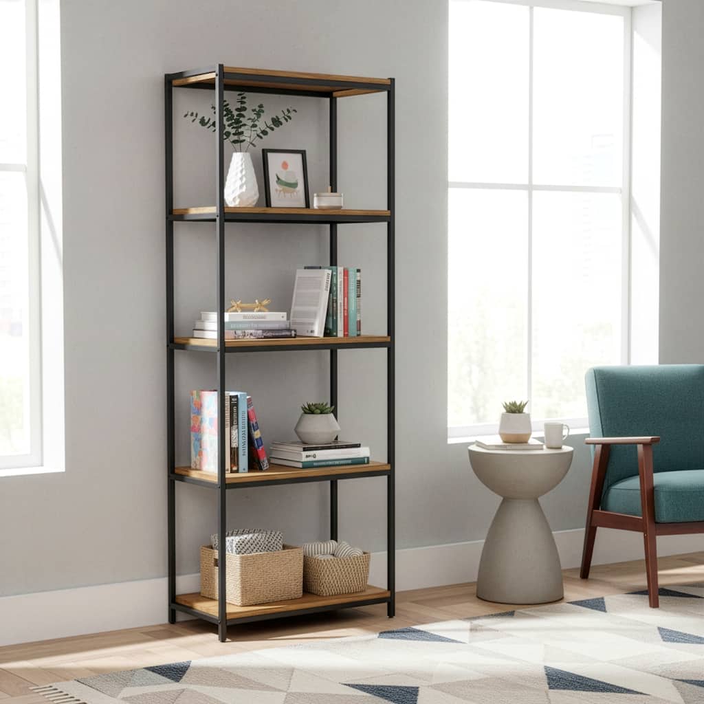 Ailis 75" Brown Pine Wood Shelf Etagere Bookcase Media Center with Metal Frame
