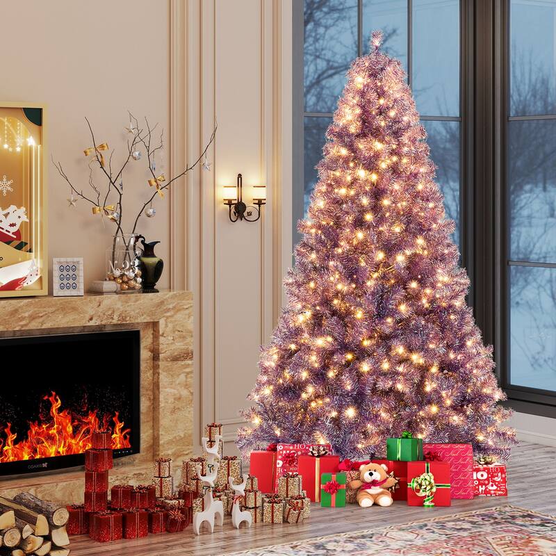 Gymax 7.5 FT Pre-Lit Tinsel Christmas Tree Artificial Xmas Tree w/
