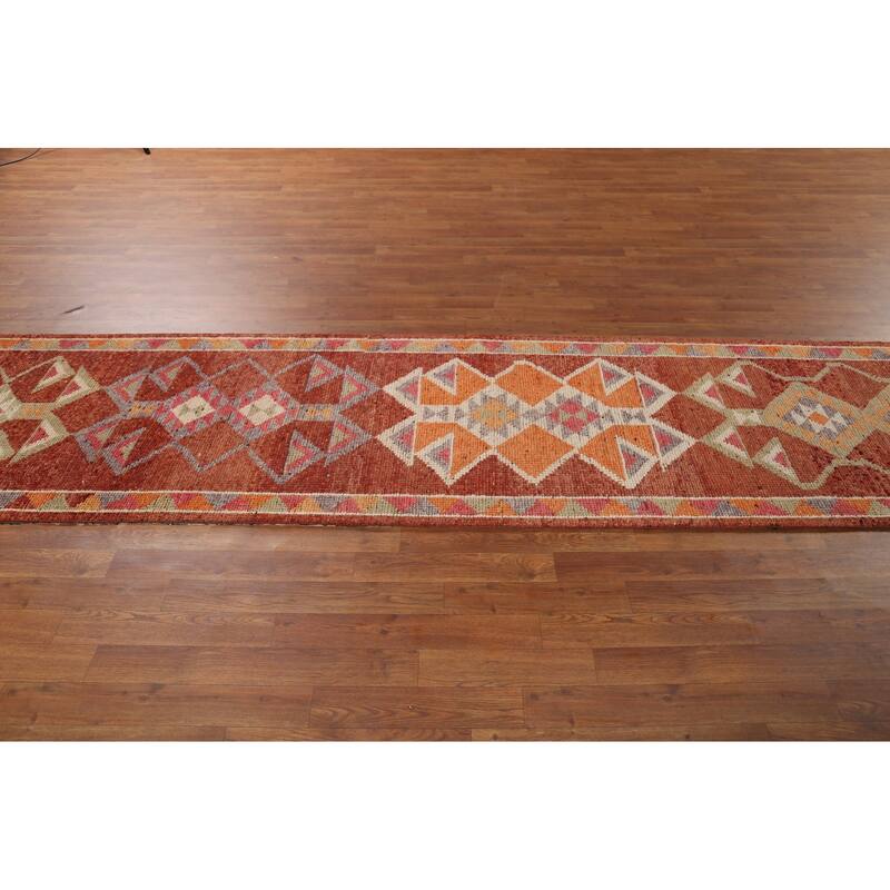 Orange Anatolian Turkish Vintage Runner Rug Hand-Knotted Wool Carpet - 2'9"x 12'9"