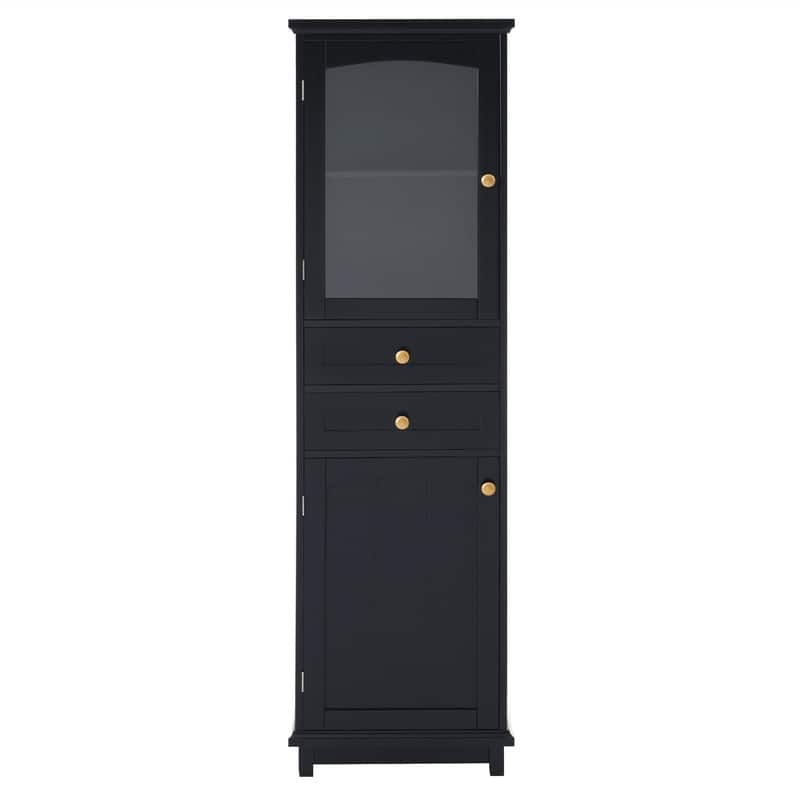 Freestanding Bathroom Cabinet with Glass Door and 2 Storage Drawers, Tall Storage Cabinet Floor Cabinet with Adjustable Shelves