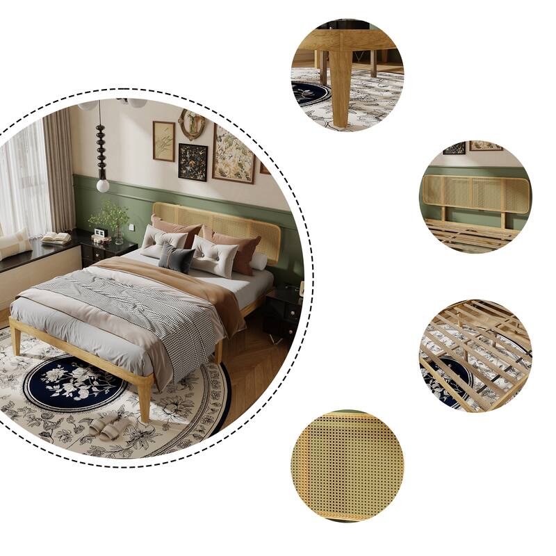 Solid Wood Bed Frame with Rattan Headboard - Natural Finish Platform Bed