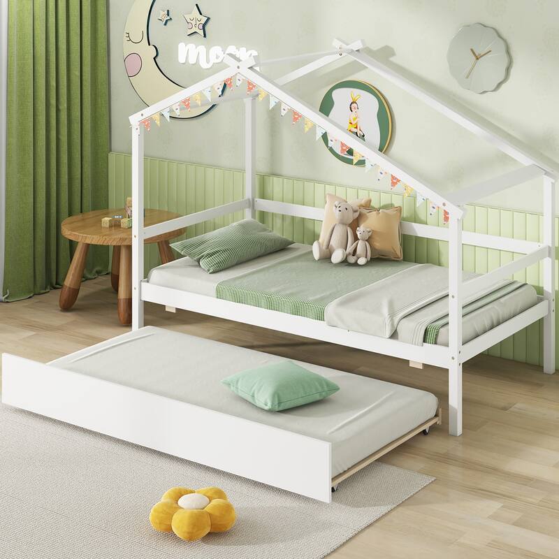 Gymax Twin House Bed w/ Trundle w/ Roof & Fence Rails Wooden Platform