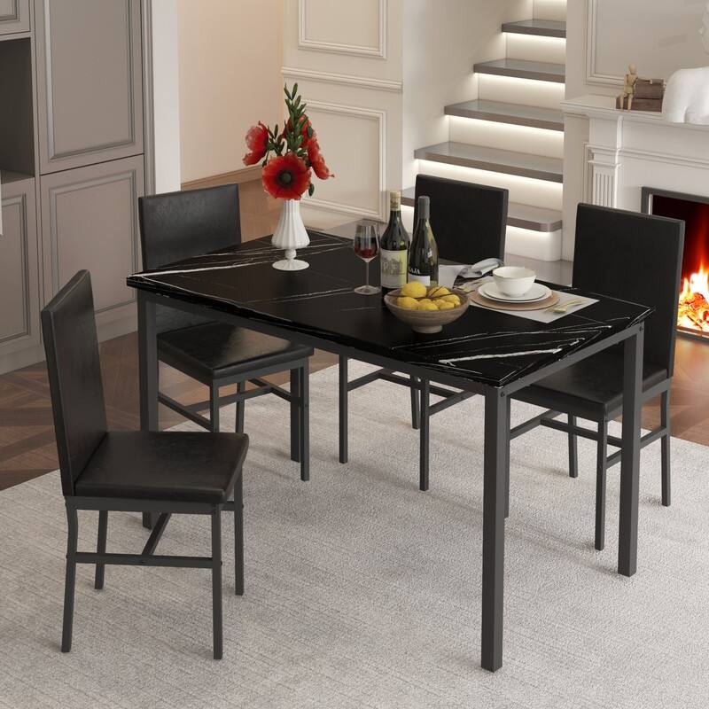 Grondin Modern Contemporary 5 Pieces Dining Table Set with Faux Marble Top and 4 PU Leather Upholstered Chairs - Black