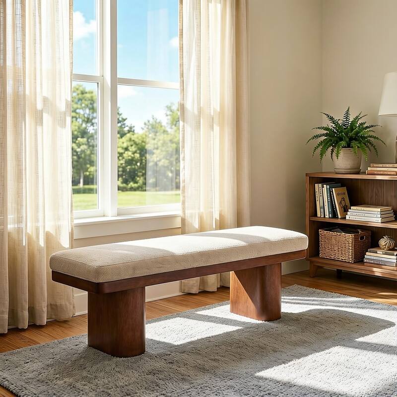 Christopher Knight Home - Monteria Modern 55.12" Upholstered Bench with Sculptural Cylindrical Wooden Leg & Padded Seat