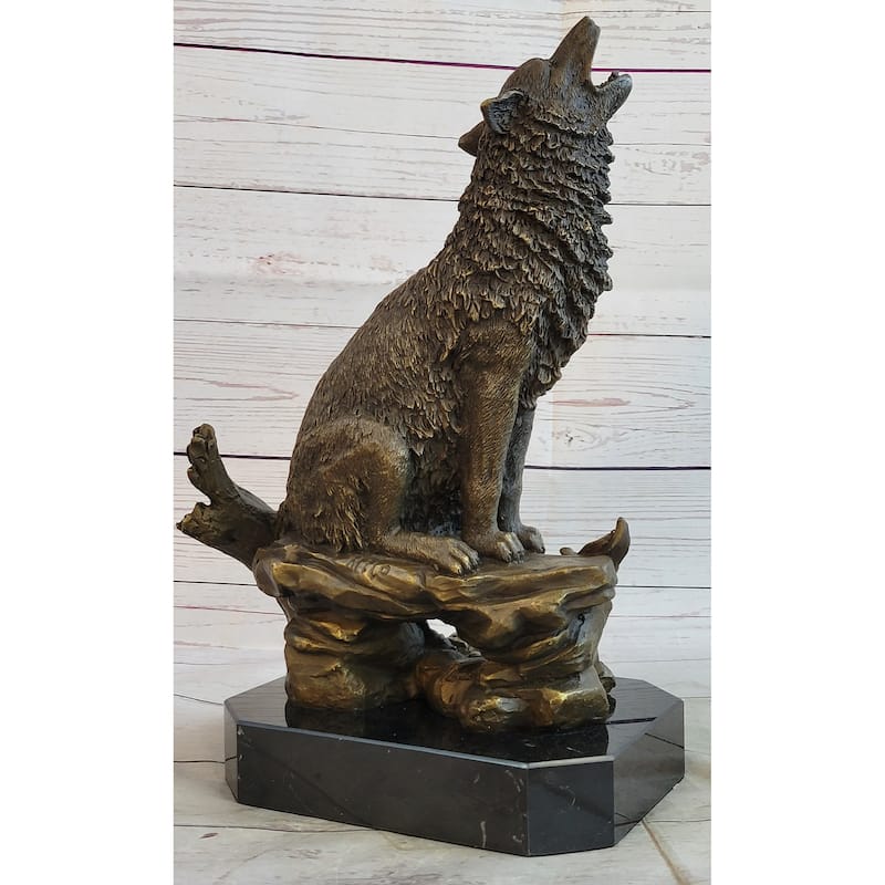 Lost Wax Bronze Casting Of Howling Wolf On Marble Base By Milo