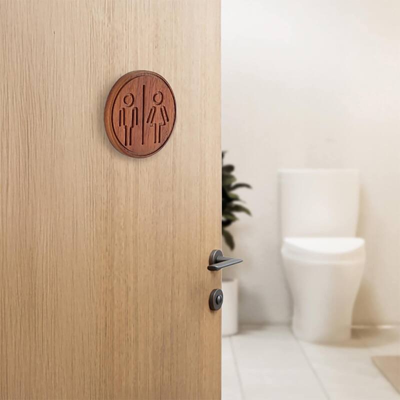 Wooden Restroom Door Sign - 4"L x 0.5"W x 4"H - Brown Round