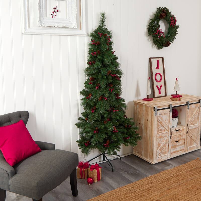 6ft. Flat Back Pine Artificial Christmas Tree with Pinecones, Berries & 150 Warm White LED Lights - Festive Holiday X-Mas Accent