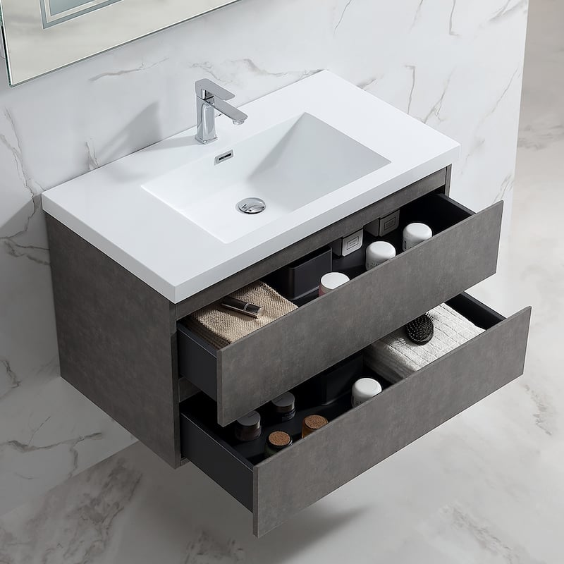 Floating Bathroom Vanity 24"-48" – Cement Gray Finish, White Integrated Sink