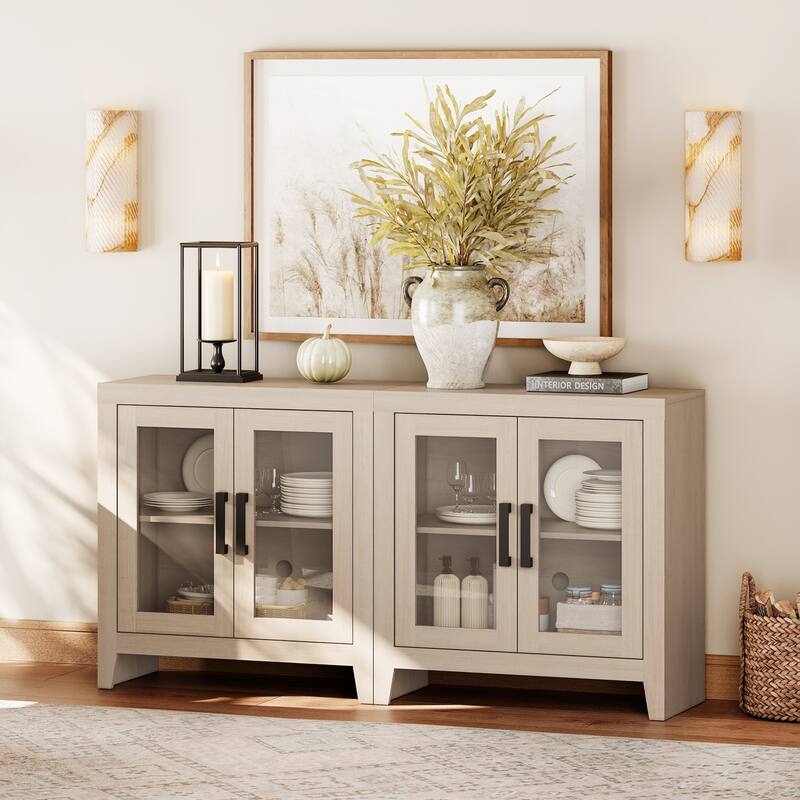 WAMPAT Modern Farmhouse TV Stand, Entertainment Center with Tempered Glass Doors & Adjustable Shelves