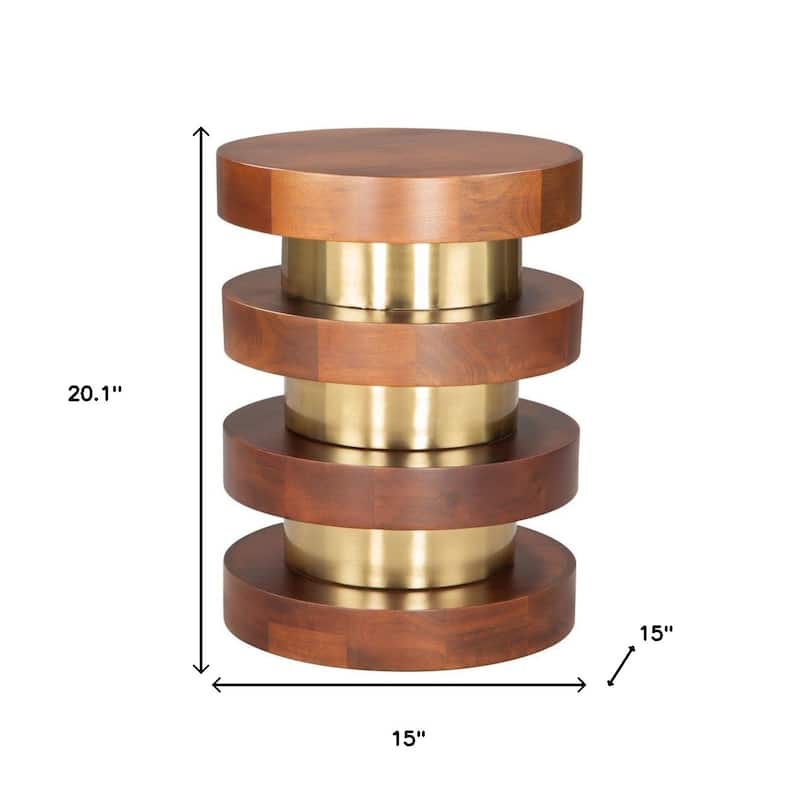 HomeRoots 20" Brown and Gold Solid Wood and Iron Round Pedestal End Table - 15' X '20.1' X '15