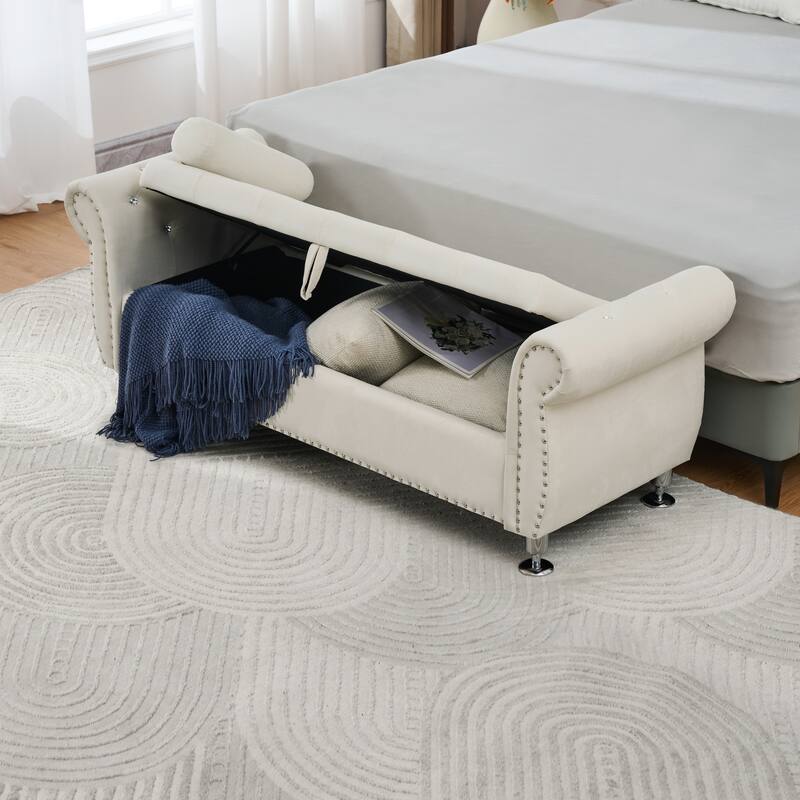 Velvet Storage Bench End of Bed Bench with Crystal Buttons, Vanity Bench Beige Leisure Bench Accent Bench with 1 Pillow
