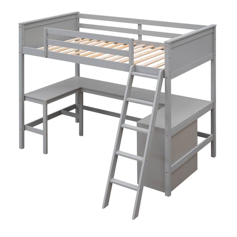 Wood Twin Loft Bed with Desk and Shelves