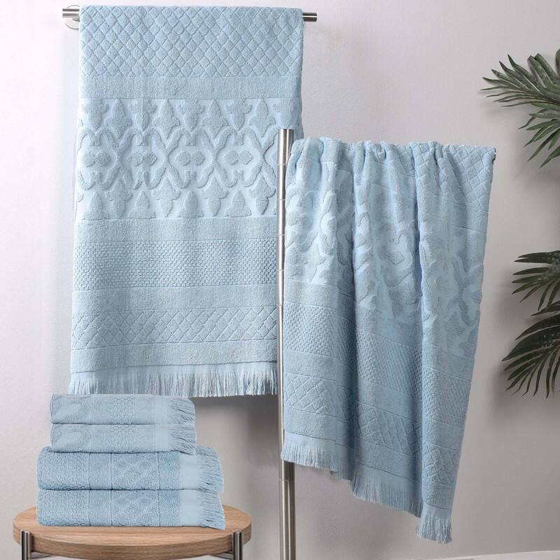 Superior Rolla Cotton Geometric Jacquard Plush Soft 6 Piece Towel Set - Blue