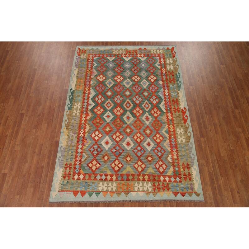 Hand Woven Oriental 100% Wool Carpet Southwestern Geometric Green Kilim Area Rug - 9' 8'' X 6' 8''
