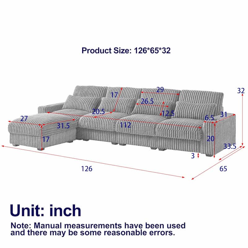 126" Corduroy Super Large L-Shaped Sofa With Cup Holder,Four Waist Pillows,Four Back Cushion and USB Port