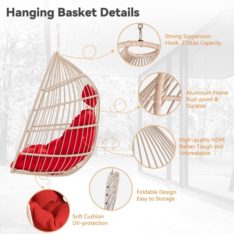 Hanging Chair PE Hanging Chair with Stainless Steel Suspension kit, Outdoor Garden Rattan Egg Swing Chair with Cushion