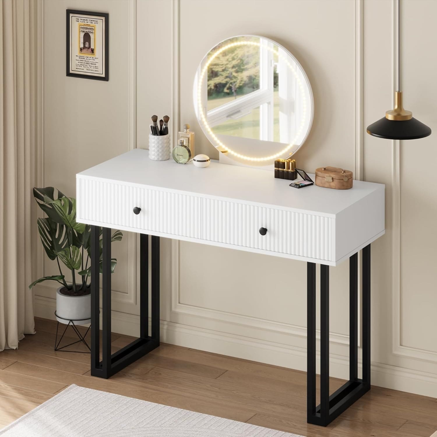Vanity Desk with Mirror and Lights, 40" Makeup Vanity with 3 Color Lights and Adjustable Brightness