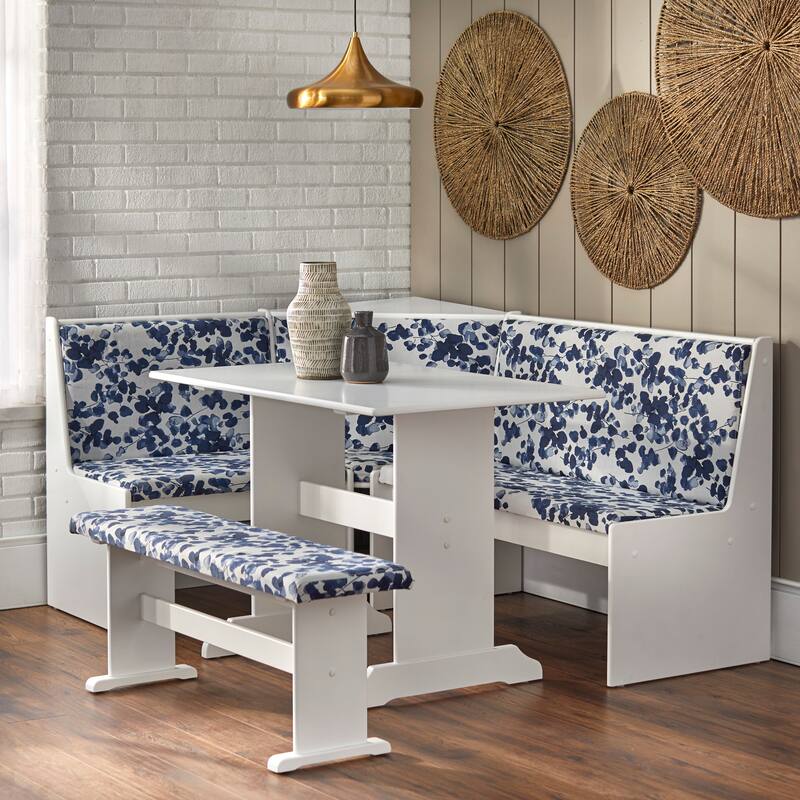 Simple Living 3-piece Lacey Upholstered Nook Set - White/Navy Leaf Print