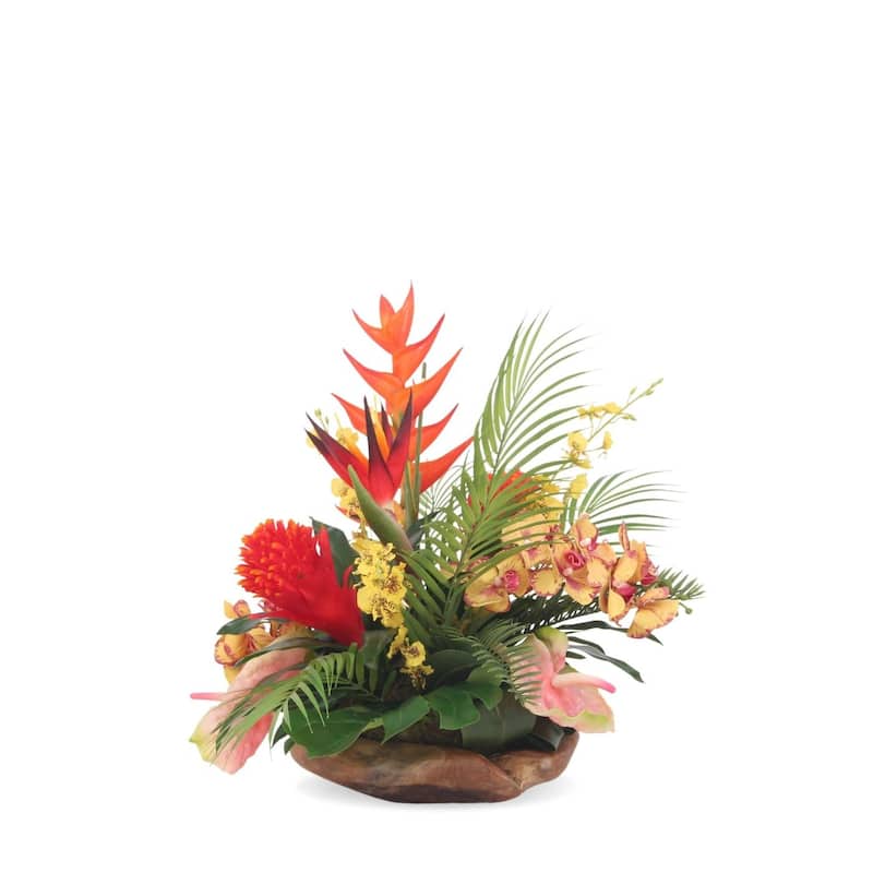 Assorted Tropical Flowers Arrangement in A Teak Wood Bowl - Red