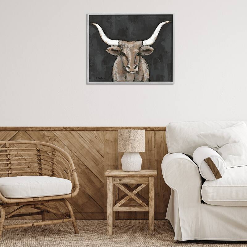 Stupell Longhorn on Murky Grey Framed Giclee Art Design By Sara Baker