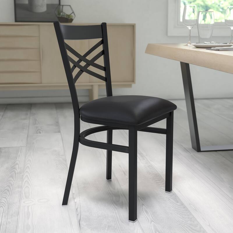 X'' Back Metal Restaurant Chair - 16.5"W x 17"D x 32.25"H - 16.5"W x 17"D x 32.25"H - Black Vinyl Seat/Black Metal Frame