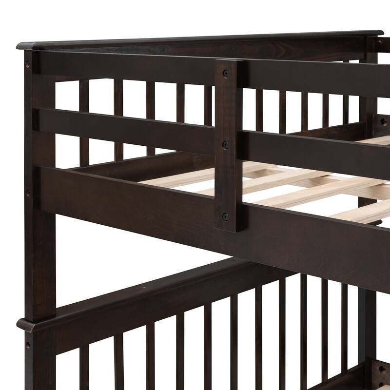 Full-Over-Full Bunk Bed with Twin Trundle, Storage, and Guard Rail in Espresso Finish