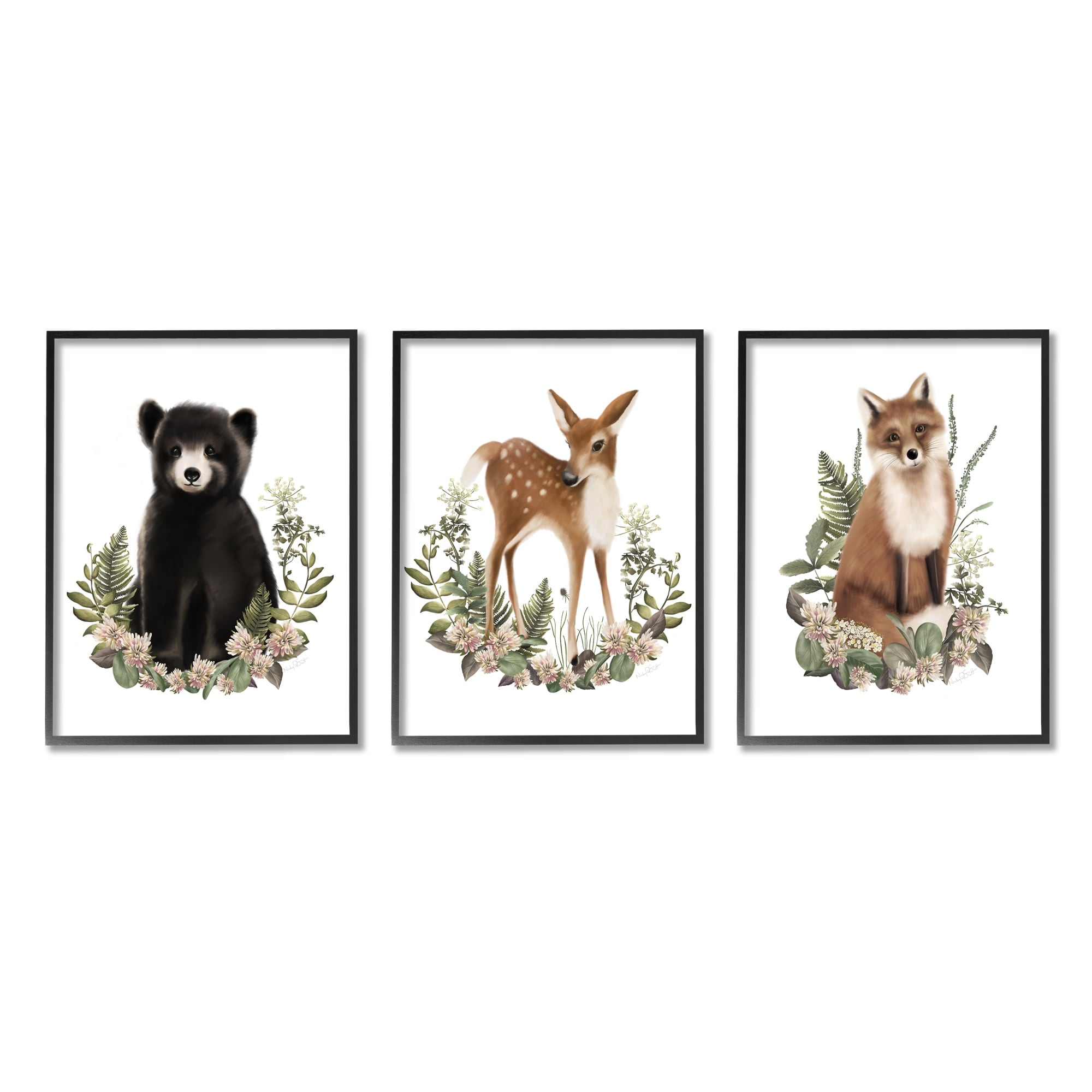 Stupell Floral Woodland Animals 3 Piece Framed Giclee Art Set Design by Studio Q
