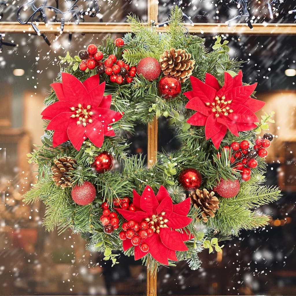 16 Inch Christmas Wreath for Front Door Fireplace Wall Window - N/A