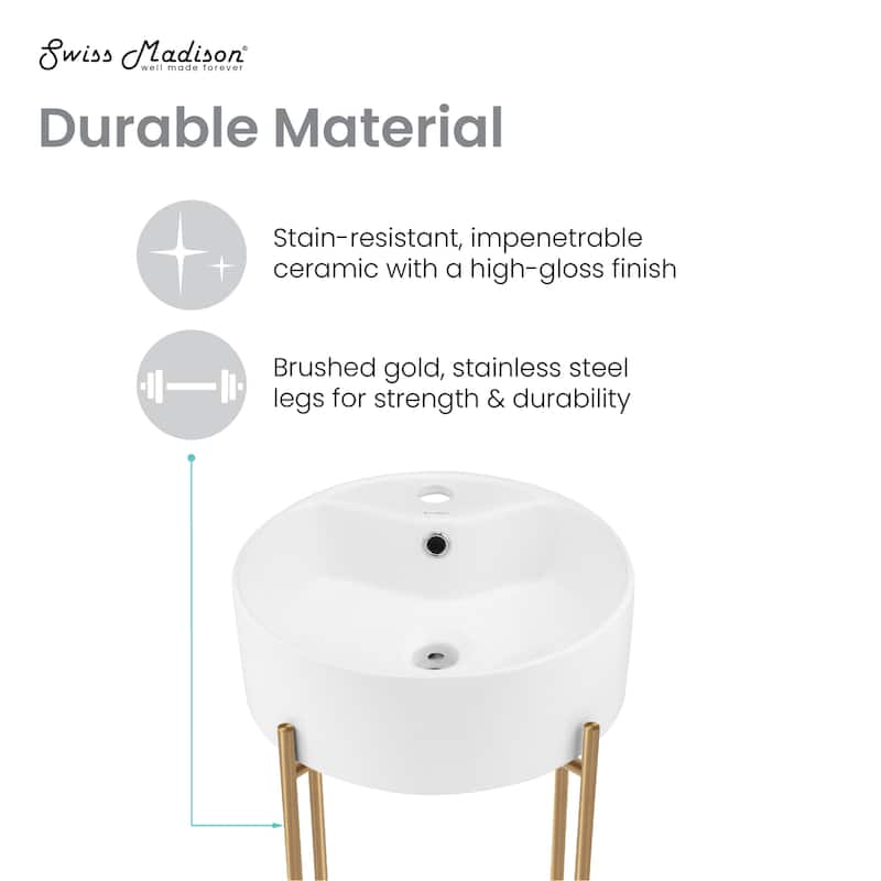 Monaco 15.75" Round Console Sink With Faucet Mount, White Basin Brushed Gold Legs - 15.75" x 15.75" x 5.51"