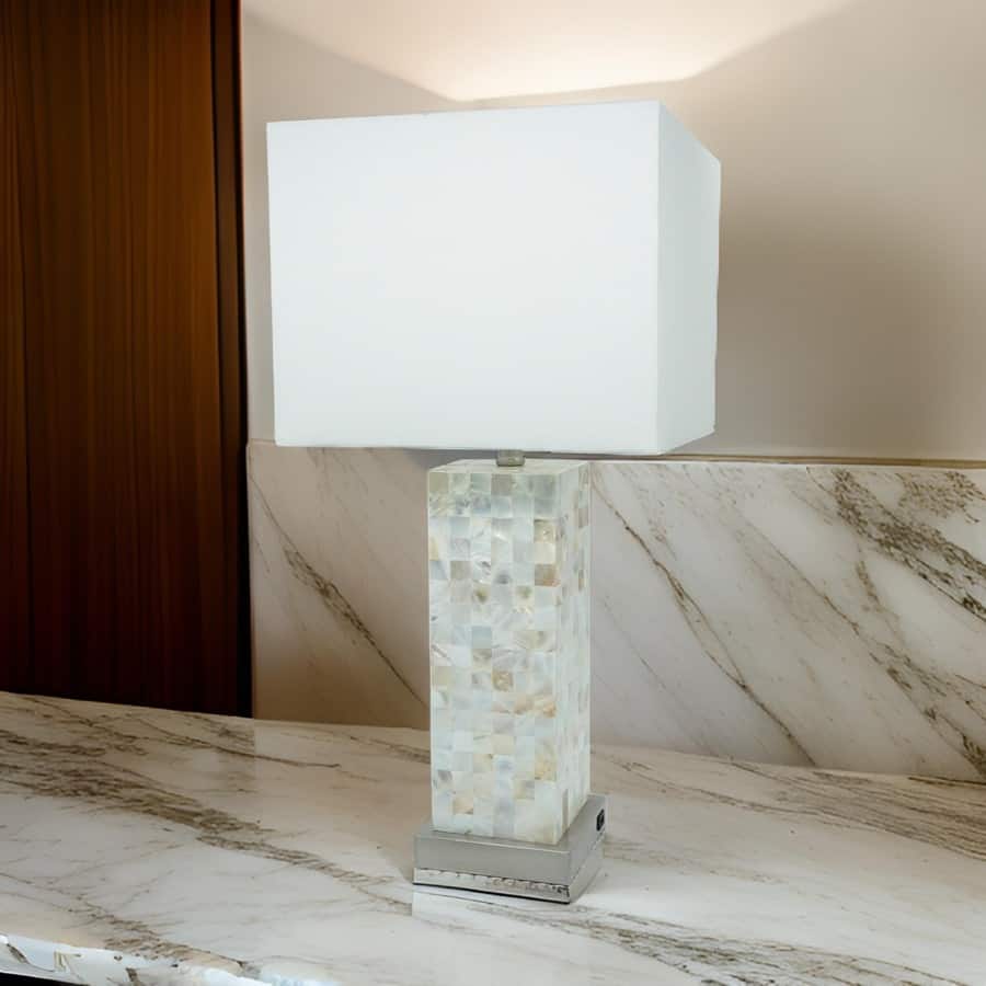 27 Inch Table Lamp Set of 2, Square White Shade, Steel Base, Marble, White