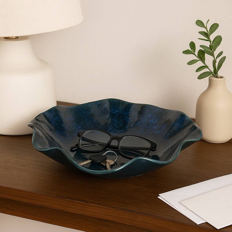 Decorative Round Wavy Edge Glazed Pottery Bowl - 16", Blue - 15.5" - Blue - 15.5"