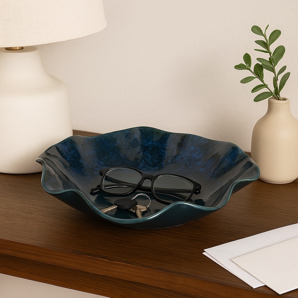 Decorative Round Wavy Edge Glazed Pottery Bowl - 16", Blue - 15.5"