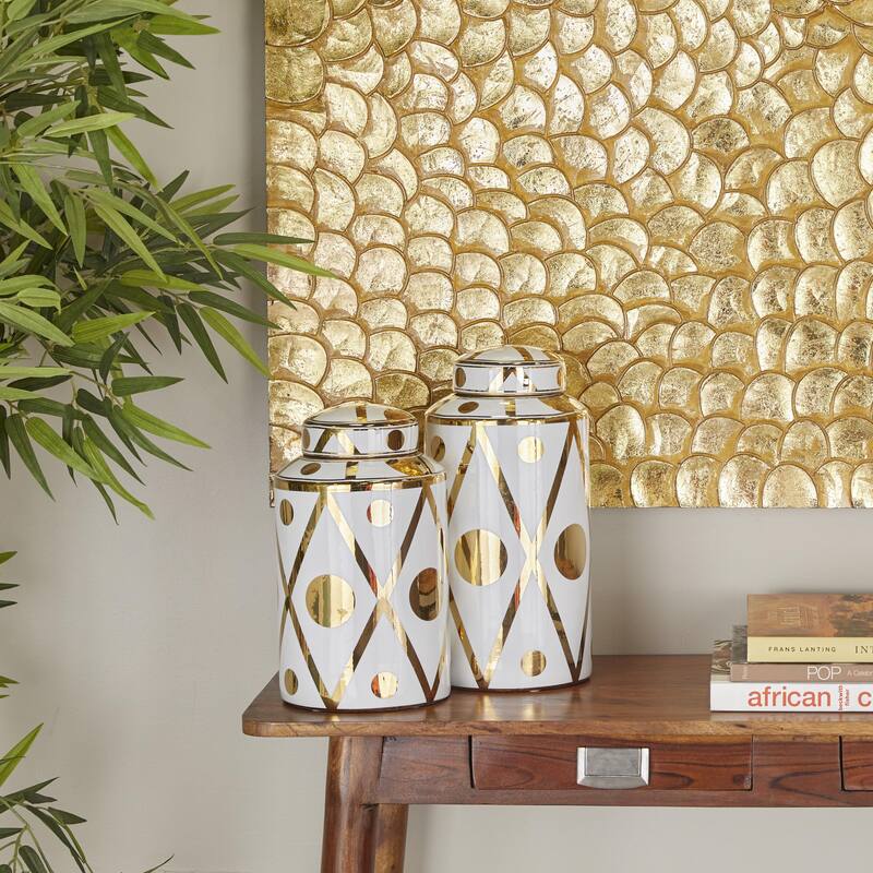 Ceramic Geometric or Floral Living Room Decorative Jars - Set of 2 White, Gold, Silver, Black, Blue - Roche River Decor