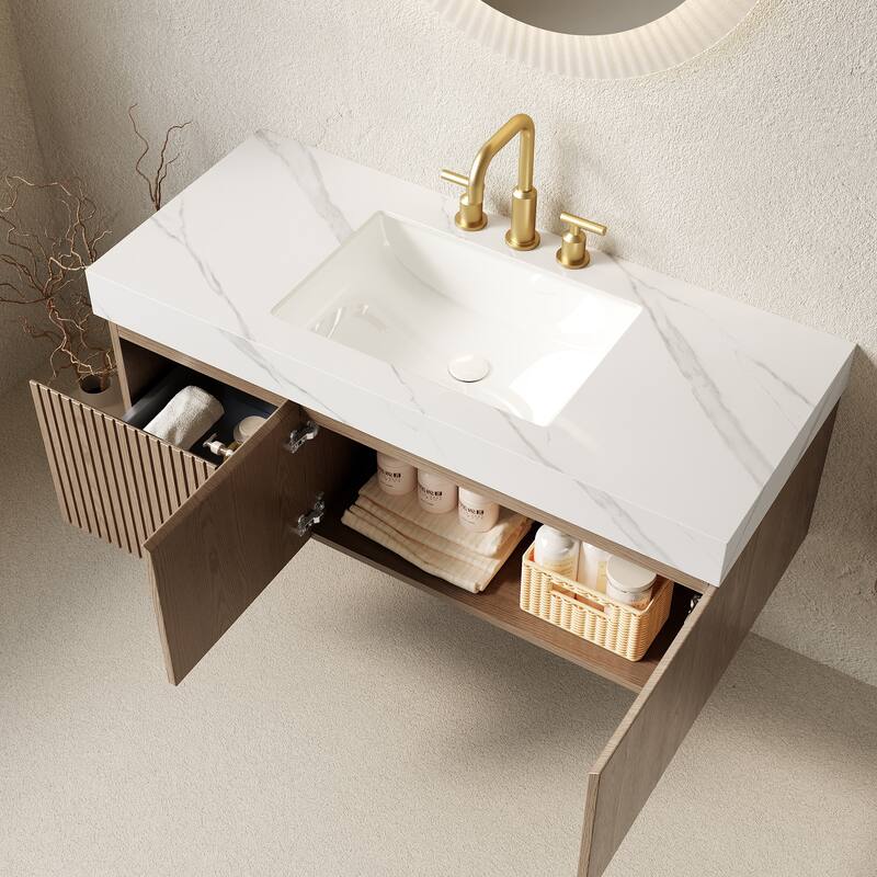 Floating Bathroom Vanity with Sintered Stone Top & Undermount Ceramic Basin with Three Pre-drilled Faucet Holes