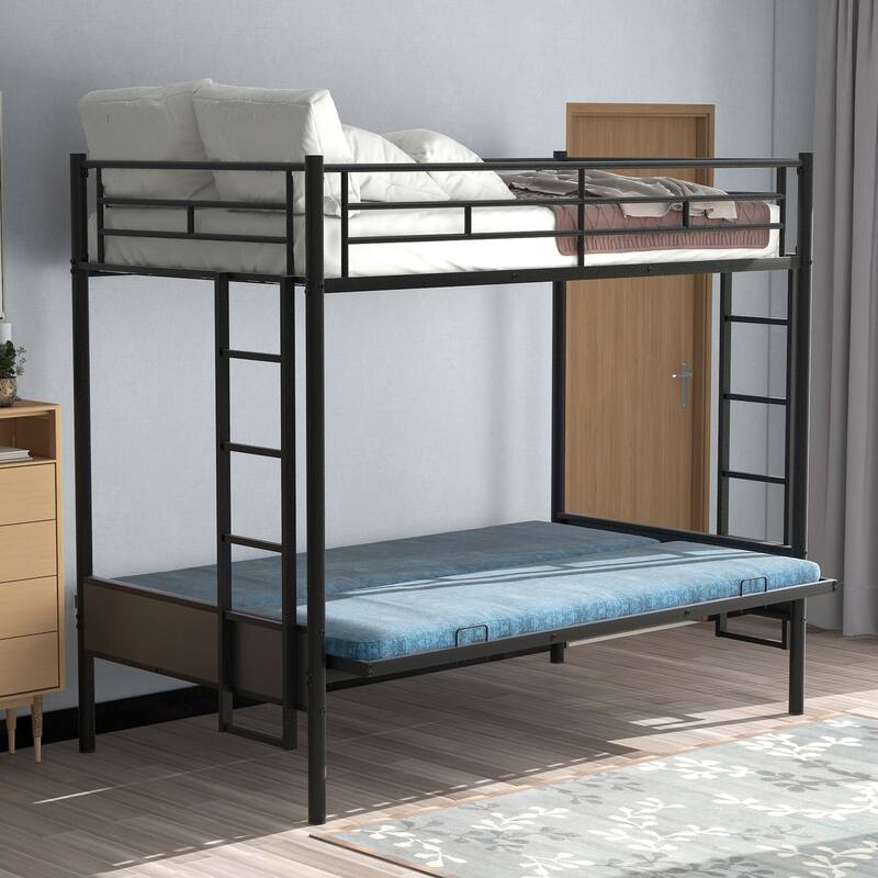 Twin Over Full Metal Bunk Bed with Convertible Futon and Safety Guardrails - Black - Black
