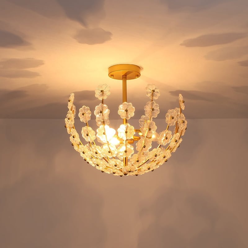 Mid-Century Modern 6-Light Glass Blossom Round Cage Chandelier