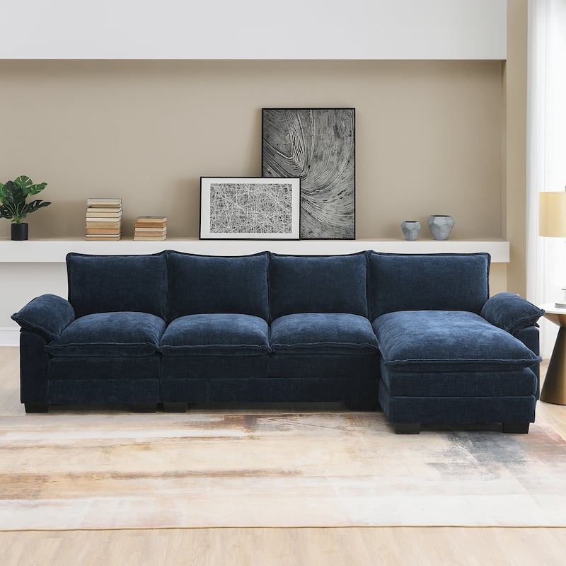 Chenille Upholstered Sectional Sofa with Chaise and Storage Pockets, 5 Seat Lounge Cloud Couch L-shaped Recliner Couches