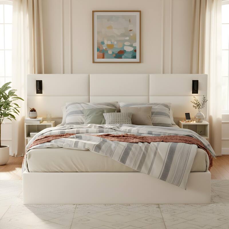 Christopher Knight Home - Mid-Century Modern Chenille Upholstered Smart Bed with Reading Lights & Built-In Shelves