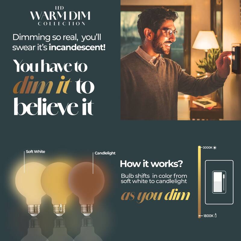 Bulbrite 5 Watt LED G16 Light Bulbs, Warm Dimming 3000K (Soft White) - 1800K (Candlelight), 500 Lumens, (4 Pack) - Pack of 4