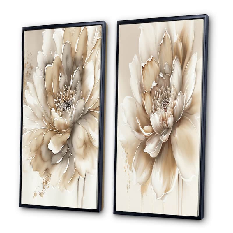 Designart "Single Beige Flower" Floral Framed Wall Art Set Of 2 - Beige Canvas Set For Living Room Decor