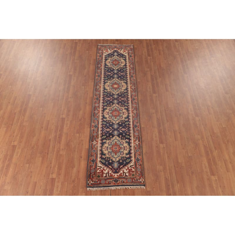 Navy Blue Heriz Serapi Runner Rug Hand-Knotted Wool Carpet - 2'7"x 9'10"