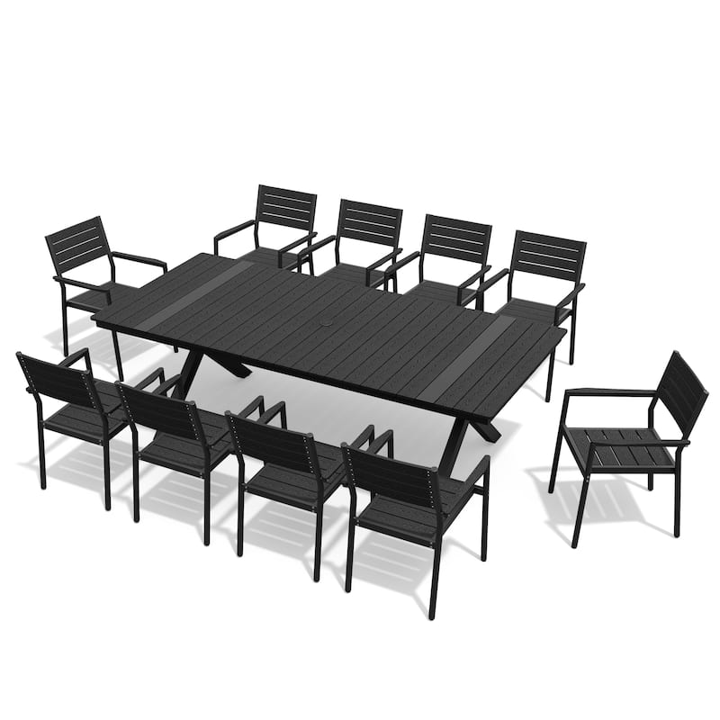 11/13-Piece Outdoor Dining Set Aluminum Rectangular Table with Umbrella Hole and Stackable Chairs - Black - Set of 11