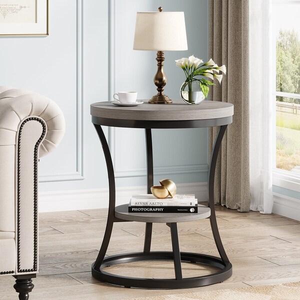 Round End Table, 2 Tier Industrial Side Table Nightstand - On Sale