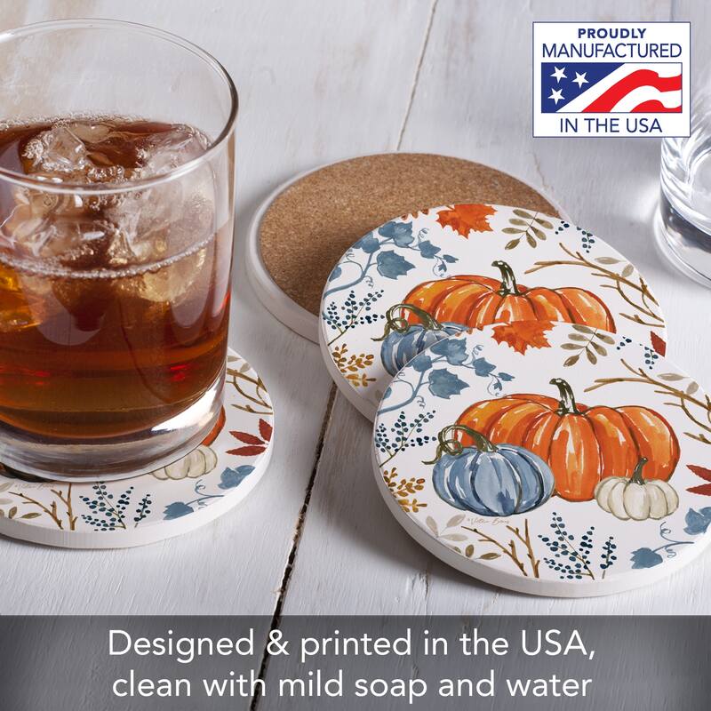 Autumn Pumpkins 4 Pack Absorbent Stone Tumbled Tile Coasters with Cork Backing 4" Round Made in The USA Absorbent Wipes Clean