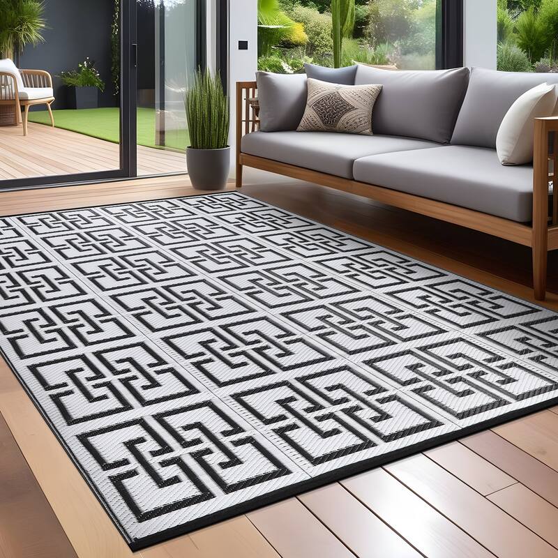 Beverly Rug Geometric Greek Key Outdoor Rug Waterproof for Patio, RV Camping