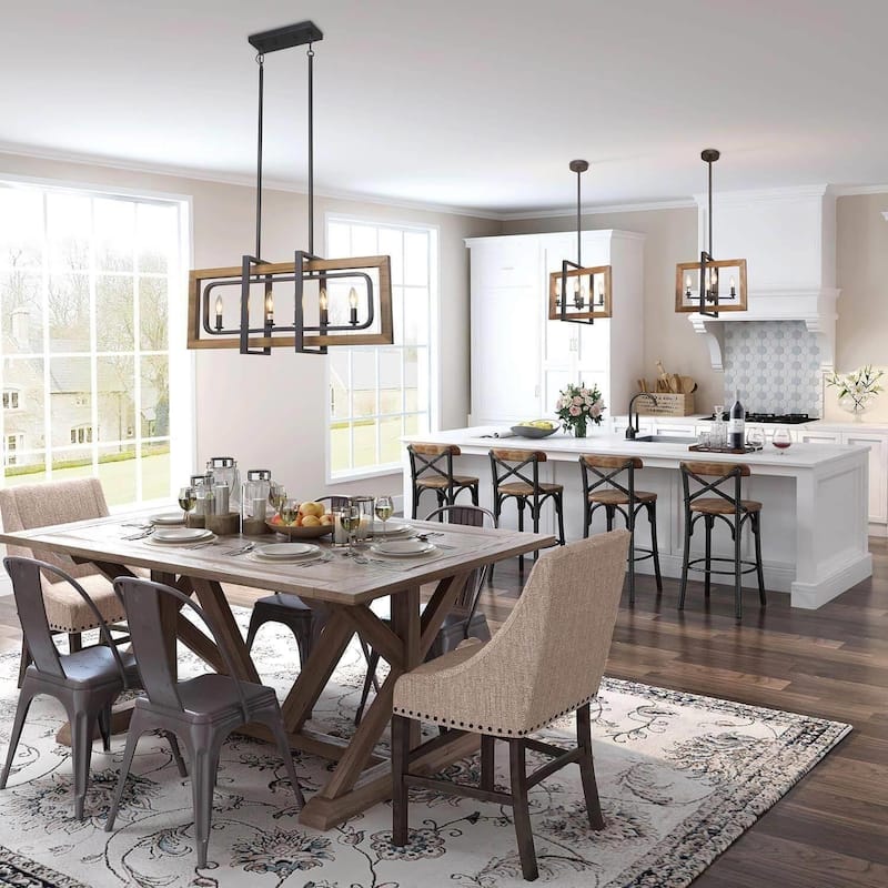 Modern Farmhouse 6-Light Wood Chandelier Rectangle Island Lights for Dining Room - W31.5" X E8.7" X H13.8"