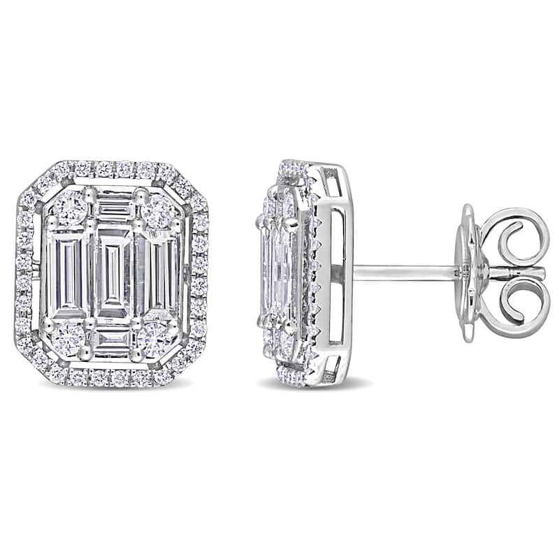 Miadora 1 1/2ct TDW Round and Baguette-Cut Diamond Cluster Design Stud Earrings 14k White Gold