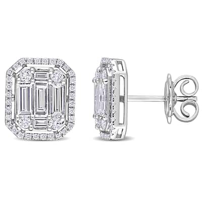 Miadora 1 1/2ct TDW Round and Baguette-Cut Diamond Cluster Design Stud Earrings 14k White Gold