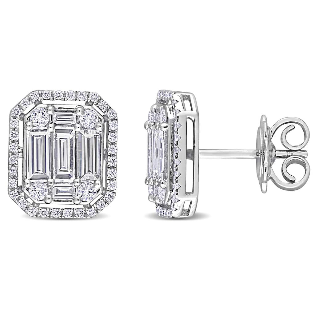 Miadora 1 1/2ct TDW Round and Baguette-Cut Diamond Cluster Design Stud Earrings 14k White Gold