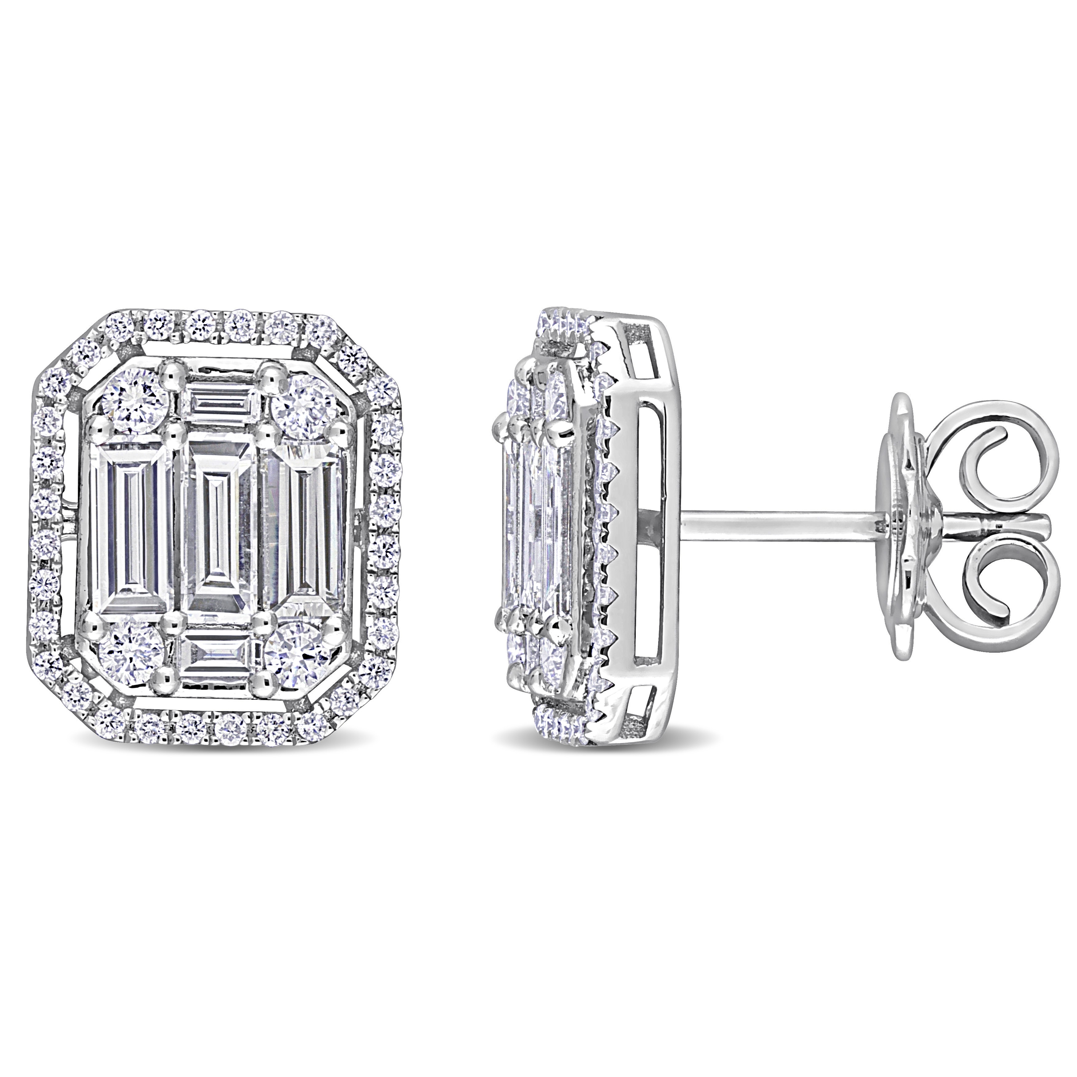 Miadora 1 1/2ct TDW Round and Baguette-Cut Diamond Cluster Design Stud Earrings 14k White Gold
